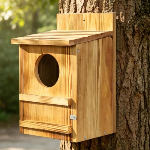Casa búho exterior de madera para pájaro carpintero y gorrión 4