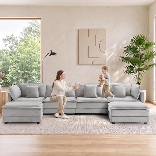 Image of Corduroy Sectional Couch, 4 Seater 149.2 inch U Shaped Cloud Couch with 2 Ottomans, Modular Deep Seat Sofa with Pillows for Living Room, Apartment, Lightgrey