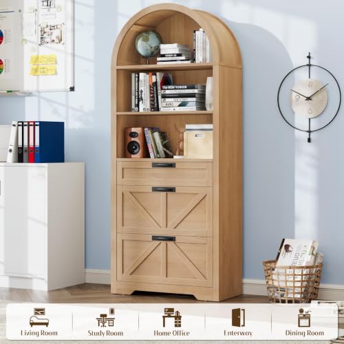 Image of Vabches 71 inch Tall Arched Bookcase with File Cabinet Drawers, Natrual | Farmhouse Freestanding Wooden Bookshelf, 3-Tier Large Open Display Storage Shelves for Home Office Living Room