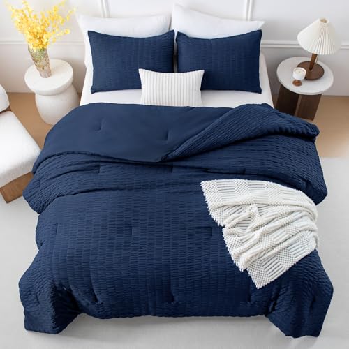 Image of Andency Navy Blue Full Size Comforter Set with Seersucker, 3 Pieces Soft Bedding Set for Boys Girls, All Seasons Breathable Bed Comforter with 2 Pillowcases, 79x90 inches