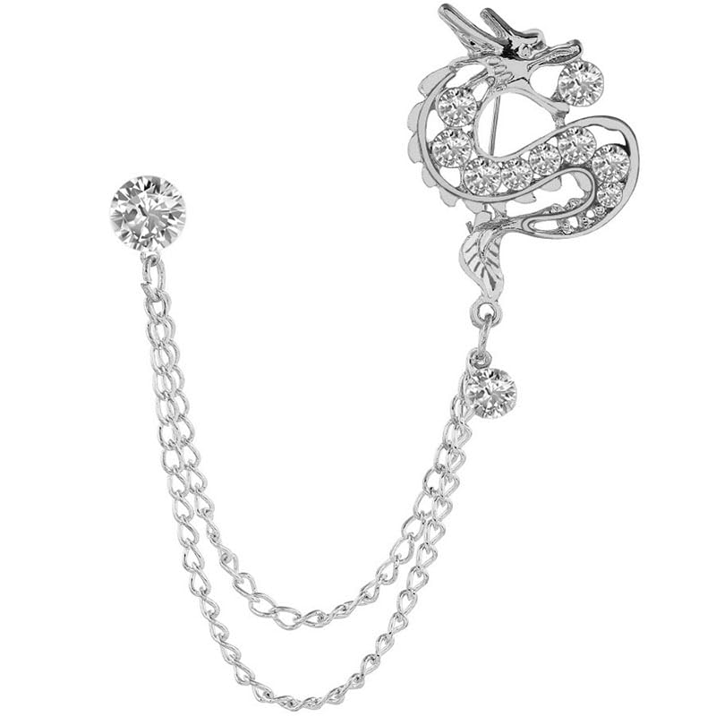 Image of coadipress Dragon With Hanging Chain Brooch Pin for Women Men Rhinestone Crystal Dragon Animal Collar Pins Suit Shirt Lapel Pin Fashion Jewelry