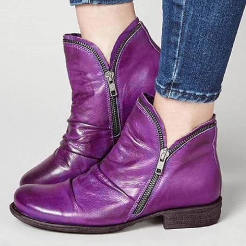 Women's Vintage Casual Short Ankle Boots, Ankle Boots for Women 2025 Arch Support Fashion Low Heel Side Zipper Retro Leather Booties Chelsea Boots Women Comfortable Slip On Flat Shoes2