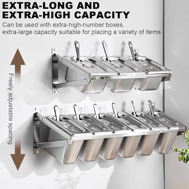 ZAIHW Wall Mounted Pizza Topping Station, Stainless Steel Condiment Storage Rack with Spoon, Stainless Steel Food Container with Lid, Wall Spice Shelf Holder for Salad, Fruit,7 grids
