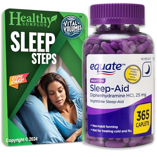 Equate Sleep-Aid Diphenhydramine HCI 25 mg 365 Caplets and Vital Volumes Sleep Steps Tips Card