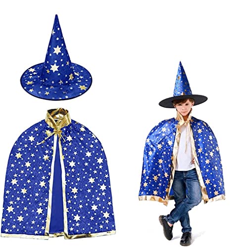 YKKJ Kinder Halloween Umhange, Hexe Zauberer Umhang Zauberer Cape mit Hut für Kinder Halloween Karneval Fasching Vampir Kostüm, Blau Cover