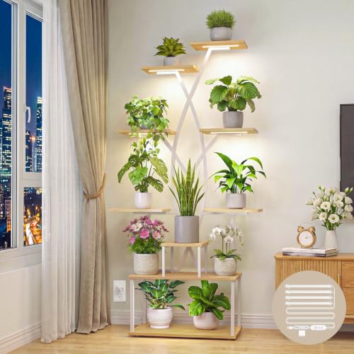 Image of 9 Tier 66 inch Tall Plant Stand with Grow Lights for Indoor Plants(White)