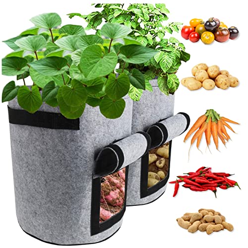 TQQFUN 2 Pack 7 Gallon Smart Potato Bags Velcro Window Vegetable Bags, Double Layer Premium Breathable Nonwoven Cloth for Potato/Aeration Fabric Pots with Handles（Gray）