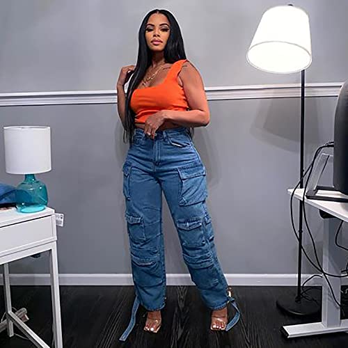 Womens High Waisted Baggy Cargo Jeans Straight Wide Leg Y2K Cargo Denim Pants with Flap Pockets3