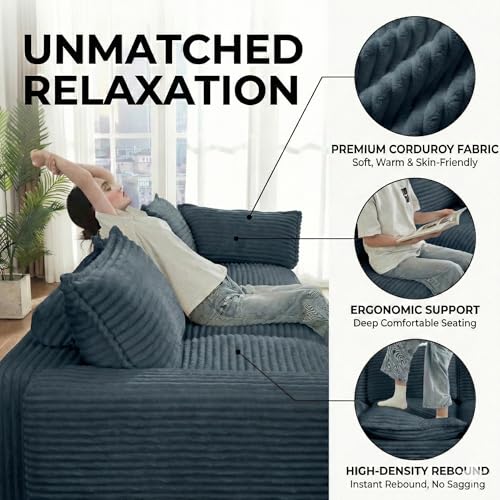 Image of 110 inch Modular Sectional Sofa with Ottoman - Double-Layer Memory Foam Cloud Couch, Oversized Corduroy Boneless Sofa Set, Deep Seat L Shaped Couch for Living Room