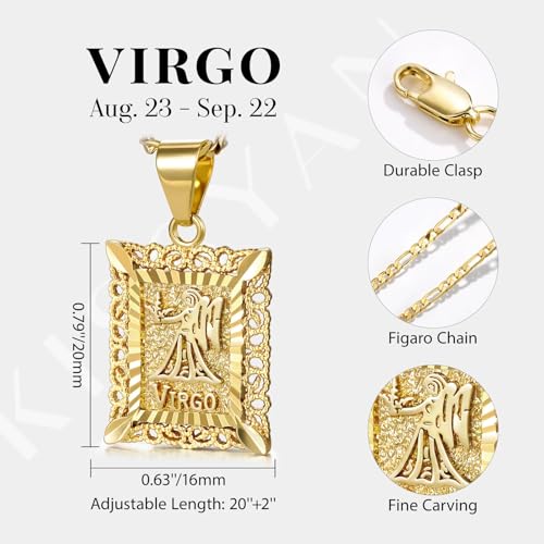 KissYan Zodiac Pendant Necklace for Women Men, 14K Gold Plated Square Constellation Sign Horoscope Figaro Chain Jewelry Birthday Gift2