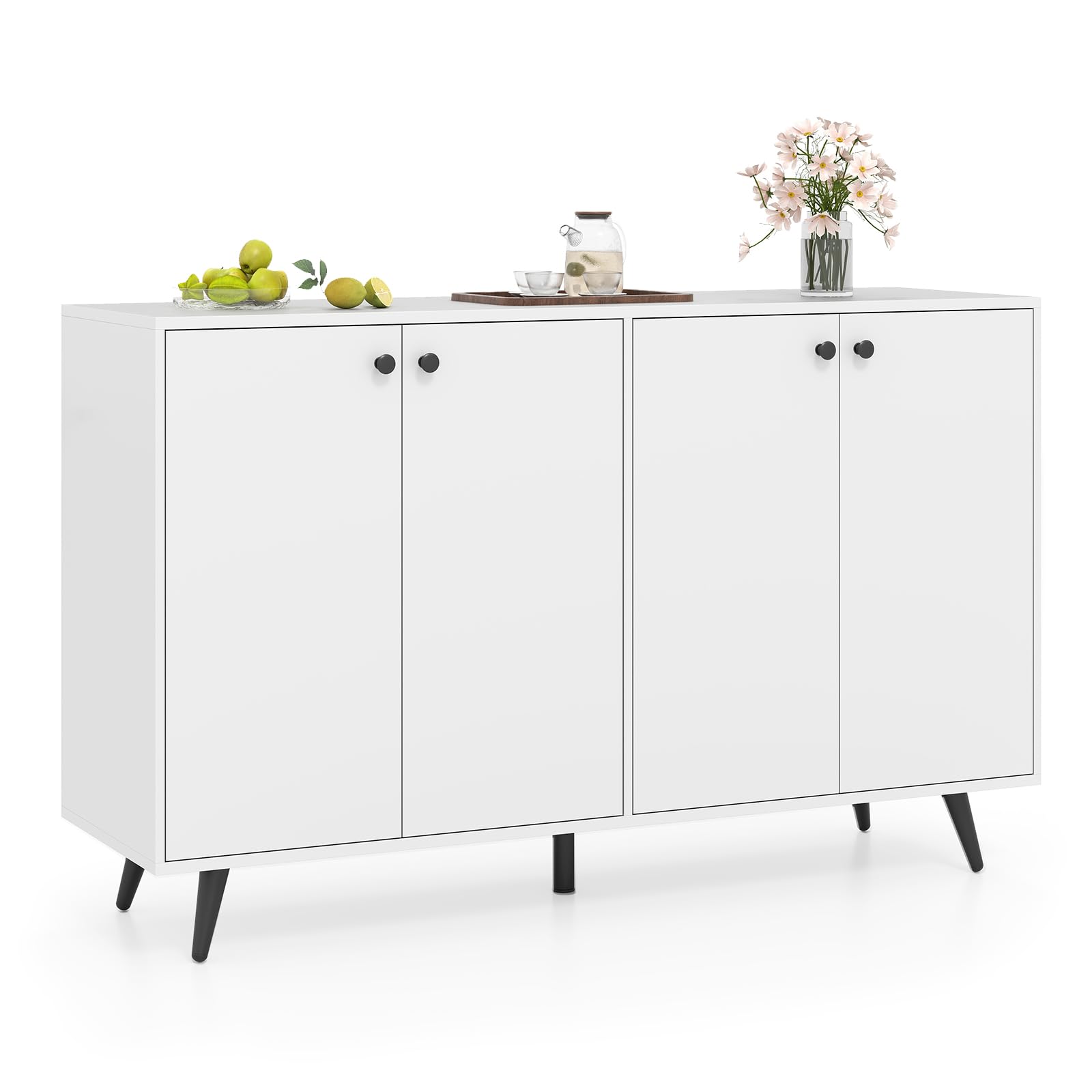 COSTWAY Sideboard Holz, Kommode mit 4 Türen & 5-Fach verstellbare Ablagen, Anrichteschrank Buffetschrank Küchenschrank, Schrank modern, für Wohnzimmer, Küche, Esszimmer, 127,5 x 38 x 80 cm, Weiß