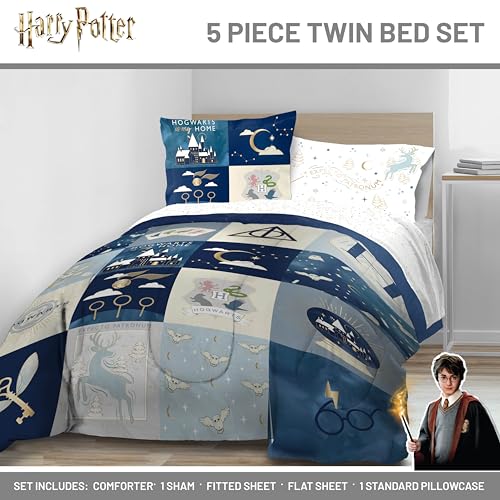 Image of Harry Potter Twin Comforter Set 5 Piece Soft Hogwarts Bedding, Multi | Fantasy, Bed in a Bag, Comforter Sheets Sham Pillowcase, Official Product, Soft Microfiber, Machine Washable, Kids Gift