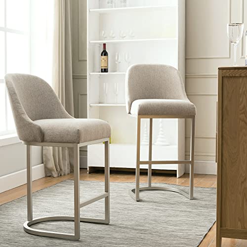 Leick Home 10133PW/OL Butaco Barrelback con Base de Metal, Set de 2, para Barras Altas y Mesas Elevadas, Asiento Moderno en Lino Beige y Base Metálica Pewter | Patas Niveladoras Ajustables, Independiente, Estilo Contemporáneo/Moderno miniatura 2