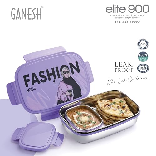 Image of Ganesh 900 Elite Stainless Steel Tiffin Box Set | 600ml Main Box + 125ml Container | Compact & Leak Resistant | Food Grade Stainless Steel Tiffin with Lid | Color May Vary