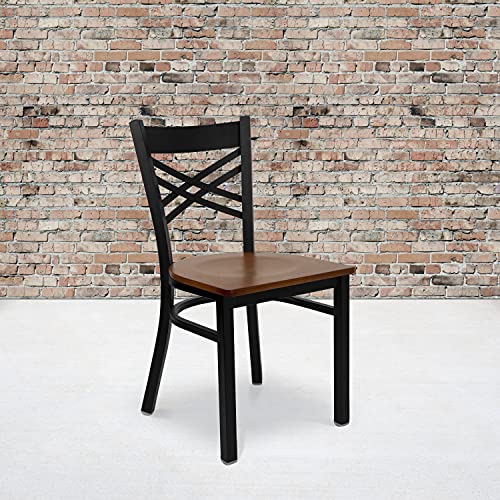Image of Flash Furniture HERCULES Series Black ''X'' Back Metal Restaurant Chair - Cherry Wood Seat