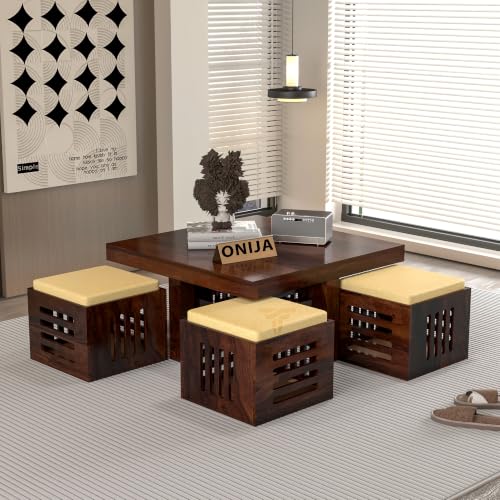 Image of ONIJA Solid Sheesham Wood Coffee Table with 4 Stools | Rosewood Centre Table with Cushioned Stool for Living Room (Urban, Walnut Finish)