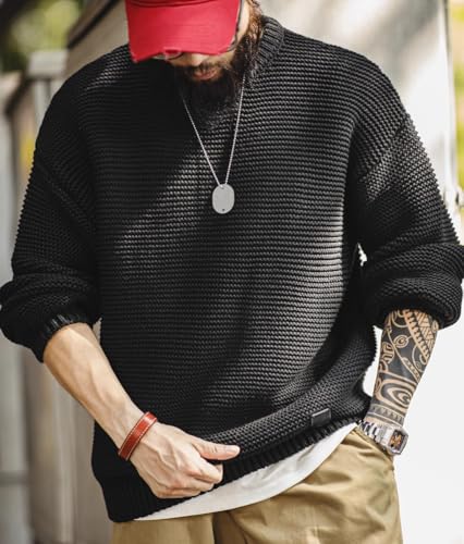 Men's Knit Sweater Heavyweight Crewneck Loose Fit Drop Shoulder Solid Textured Knitted Pullover2