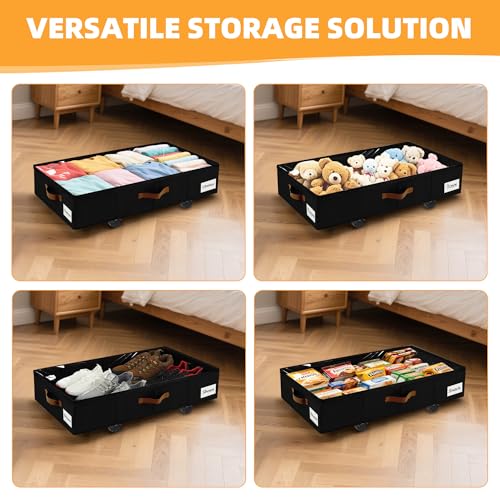 Image of Under Bed Storage with Wheels,Underbed Storage with Sturdy Sidewalls /Bottom, Clear Cover, Label and PU Handle, Rolling Under Bed Drawers for Clothes, Shoes, 6.5 Inch Height,Black, 2 Pack