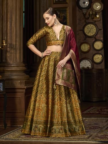 Image of PURVAJA Women's Kanjiwaram Semi-Stitched Lehenga choli
