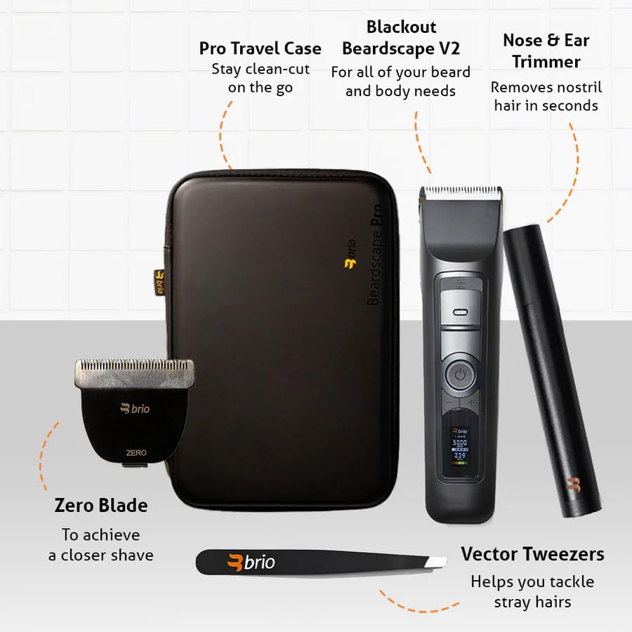 Brio Ultimate Grooming Kit – Beardscape V2, Detail Head, Tweezers, Case | Beardscape V2 Trimmer – Precision Detail Head, Nose & Ear Trimmer, Vector Tweezers, Travel Case