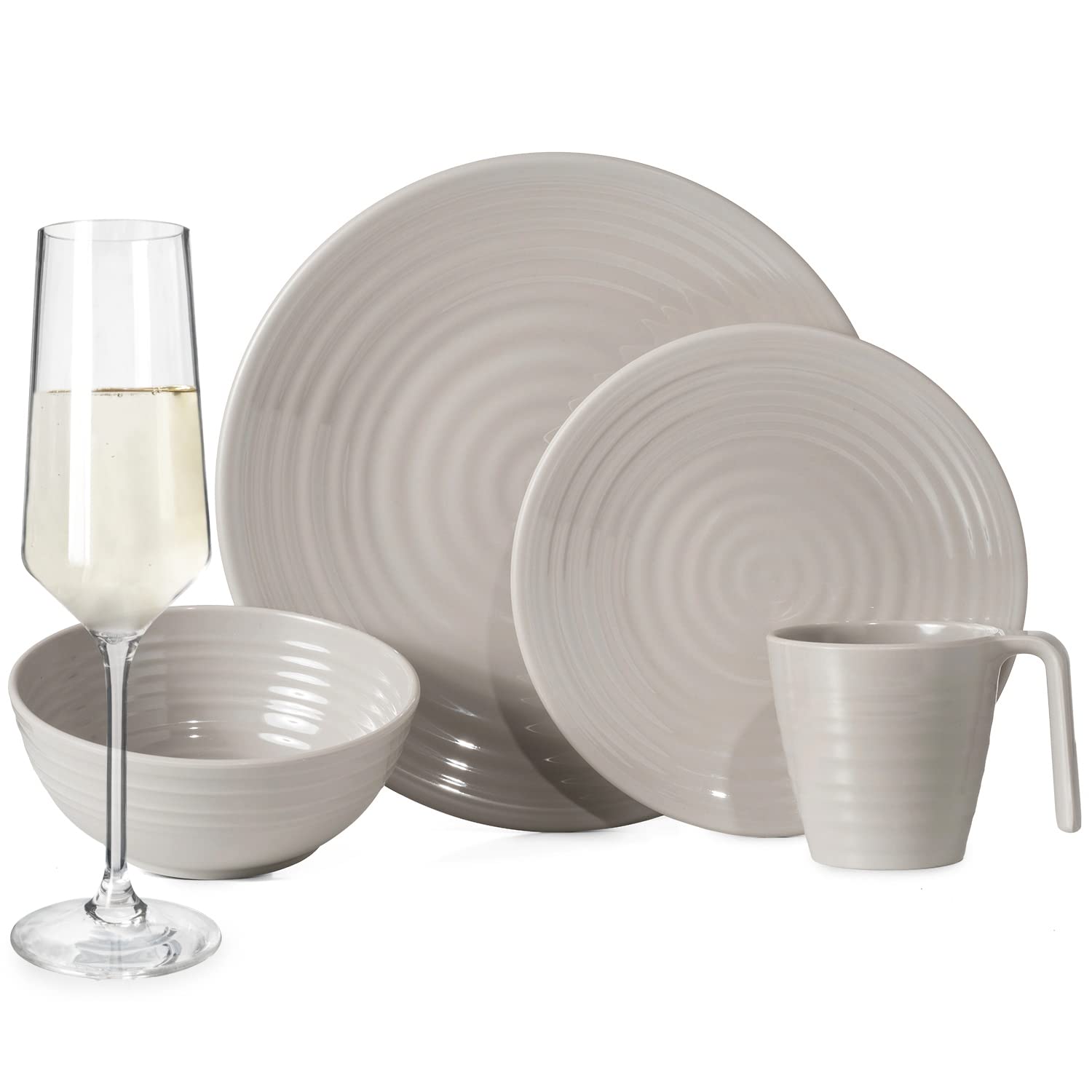 Juego de vajilla de melamina para camping para 4 personas, diseño de café, 16 piezas + copas Milano, copas de champán, platos, picnic, barbacoa