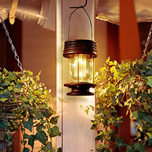 Luces solares colgantes para exteriores, 1 paquete de faroles de Navidad impermeables con diseño retro para patio, jardín y decoración de caminos (luz cálida)
