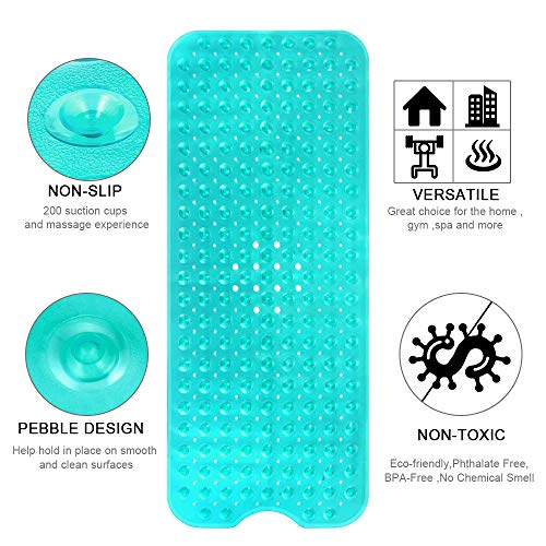Image of YINENN Bath and Shower Safety Mats 40x16 inch, Non Slip with Suction Cups for Bathroom Stall and Tub Floor, Extra Large and Machine Washable, Drain Holes Keep Bathtub Clean, Green