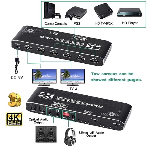 HDMI Matrix Switch 4x2, 4K HDMI Matrix Switcher Splitter 4 in 2 Out Box with EDID Extractor and IR Remote Control Support 4K HDR, HDMI 2.0b, HDCP 2.2, 4K@60Hz, 3D, 1080P by ENBUER - Image 2