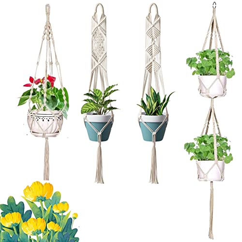 Image of ecofynd Cotton 4 Set Plant Hanger [Without Pot] | Rope Flower Pot Holder for Indoor Outdoor Balcony Garden Wall (COM04 /Pack of 4)