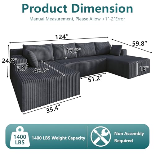 Image of 124 inch U-Shape Cloud Couch, Modern Modular Sectional U-Shape Sofa, Corduroy Boneless Couch Upholstered Couches Deep Seat Sleeper Chaise Longue for Living Room, No Assembly Required,Dark Gray