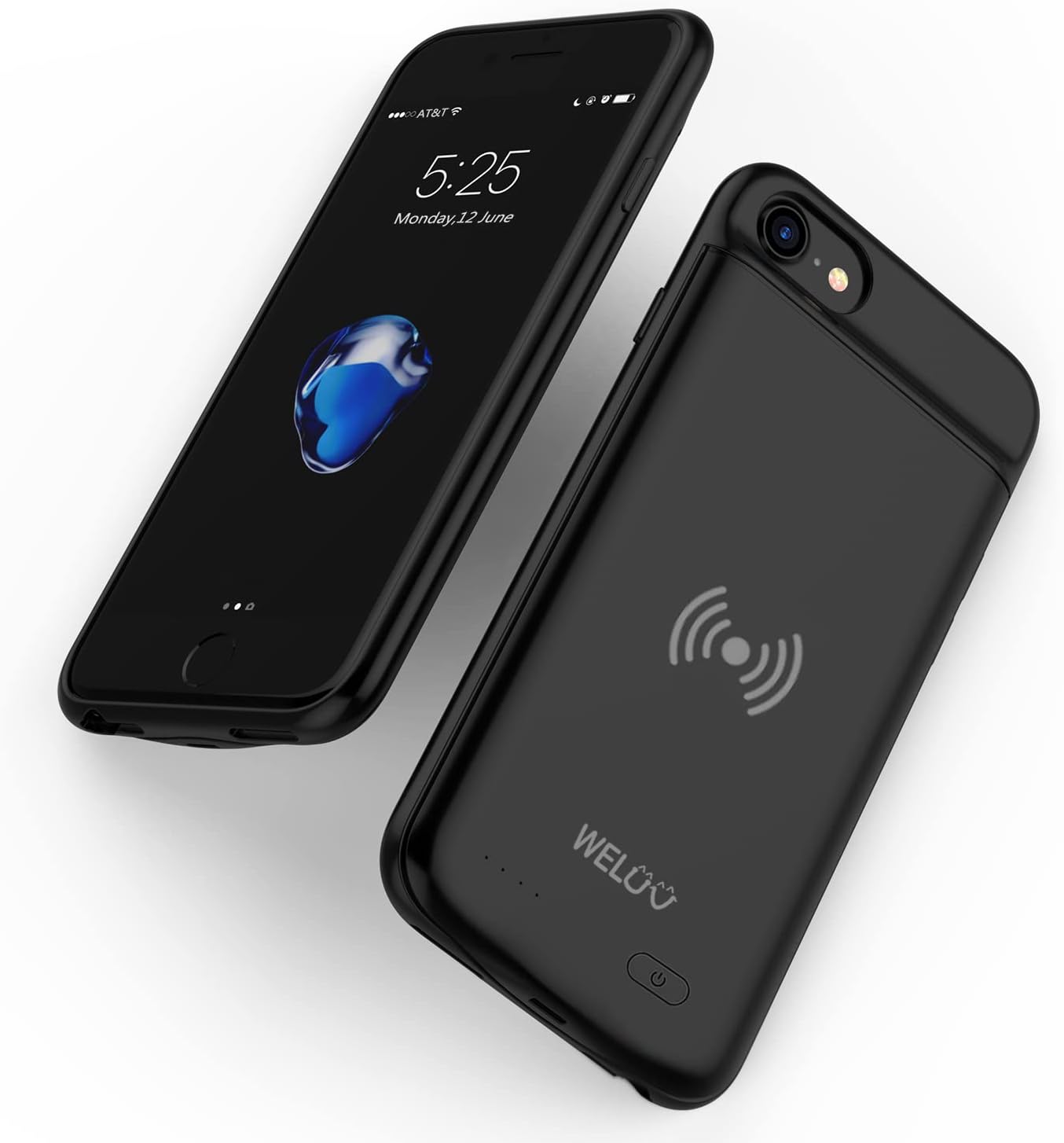 Qi Wireless Battery Case for iPhone 6 6s 7 8 SE2 SE3 - 3200mAh Ultra Slim Charger With External Emergency Backup - Protective Cover for Travel - Black