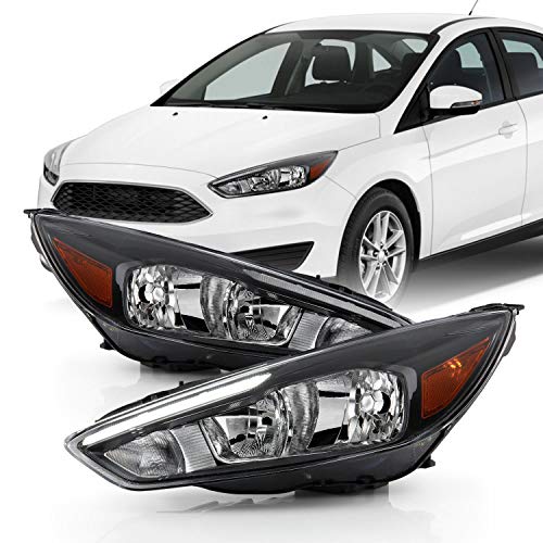 AKKON - Fits 2015 2016 2017 2018 Ford Focus [Halogen Type] Black Headlights w/LED DRL Tube Pair Driver Left + Passenger Right