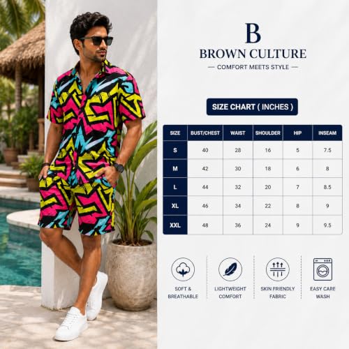 Image of BROWN CULTURE Men's Cotton Blend Printed Co Ord Set | Casual Matching Shirt and Shorts | Relaxed Home Wear | Comfortable Night Suit | Lounge Outfit | Everyday Leisure Clothing