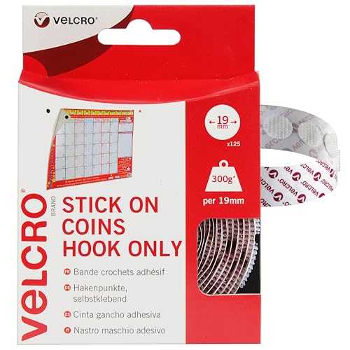 Velcro Marque, Pastilles Adhésives Auto-Agrippantes À Double Face Avec Crochets Uniquement, Parfait Pour La Décoration De La Pièce Et La Maison, Le Bureau, Blanc, 19 Mm X 19 Mm, Lot De 125