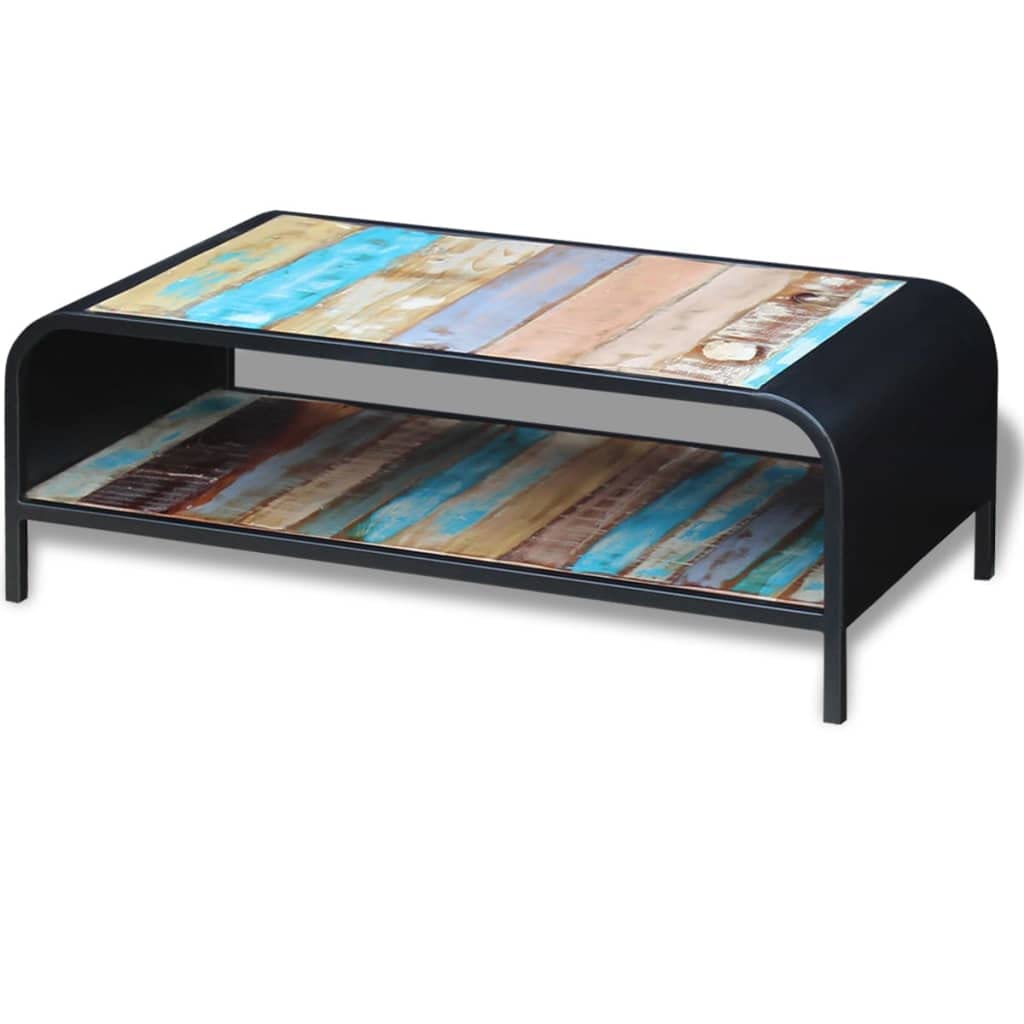 Table basse en bois vieilli massif avec étagère basse de rangement