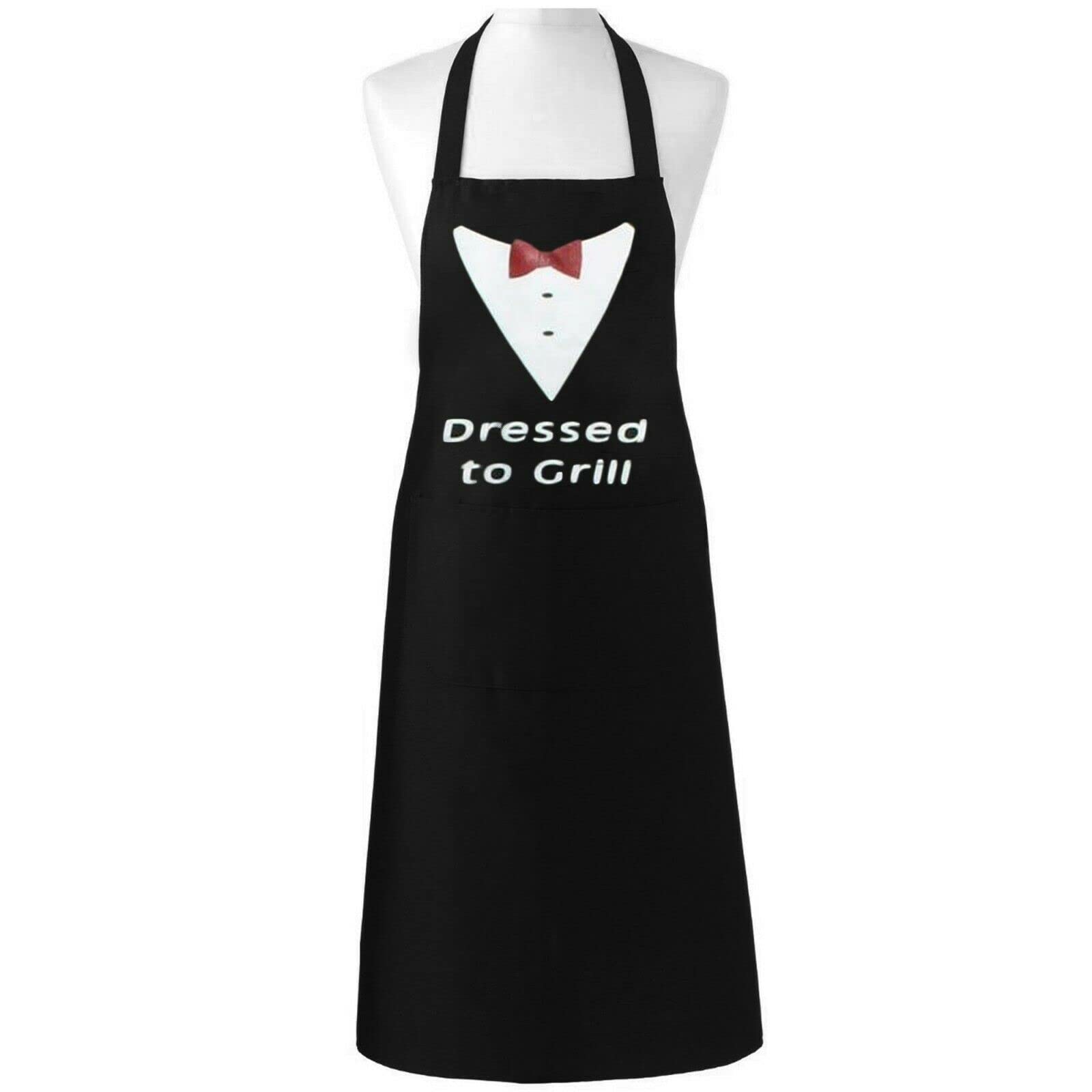MyShoeStore Unisex Adult Novelty Apron Mens Ladies Womens Chefs Butcher Kitchen Catering Everyday Use Aprons with Pocket Ideal Fantastic Gift(Dressed to Grill Black)