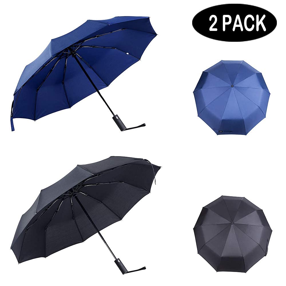 ELRINZA Pack of 2 Automatic Umbrellas for Rain - Large Windproof Travel Umbrella with Wind Vent | Double Canopy Auto Open & Close for Men & Women (Black & Blue)
