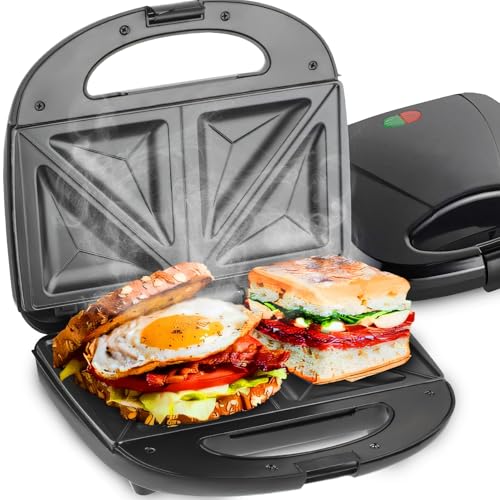 Retoo Sandwichera de 750 W con baldosas cerámicas antiadherentes, calentamiento rápido y termostato, base antideslizante, mango ergonómico, diseño que ahorra espacio, 2 sándwiches/4 triángulos