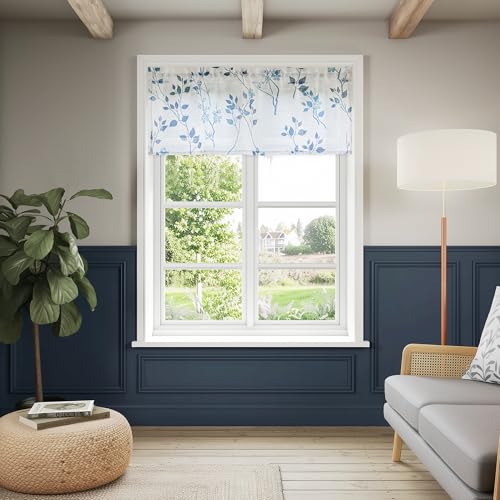 Image of Beauoop Linen Floral Semi Sheer Valance Curtains Kitchen Blue Navy 52x18x1