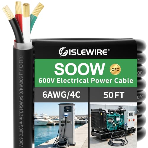 6/4 SOOW Cable, 50 FT 6 AWG Copper Wire, 4 Conductor Heavy Duty Power Cable by islewire - Used condition - US$249.58