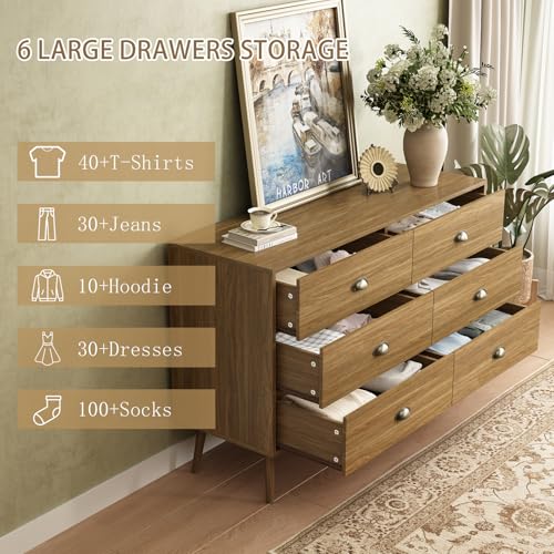 Image of Oak 6 Drawer Dresser for Bedroom, 47 inch Wood Dresser with Gold Handles.