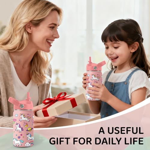 Image of Unicorn Water Bottle for Son & Daughter, Stainless Steel Insulated Tumbler with Straw Lid and Handle, 12oz Reusable Leak-Proof Bottle for Sports