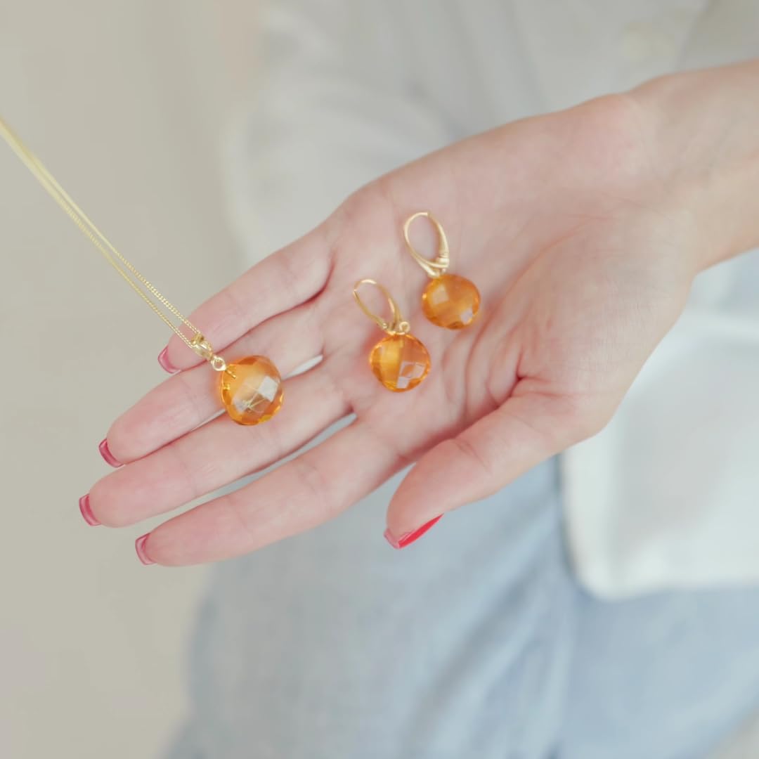 Baltic Amber Pendant for Women, Sparkling Amber Drop, Gold Plated Sterling Silver Necklace, Cognac Color Jewelry for Ladies, 18 inch gold plated chain: Faceted Cushion