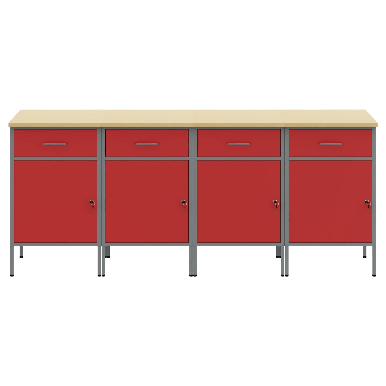 Banco da lavoro industriale da 200 cm con cassetti, 4 pezzi, banco da lavoro rosso grigio, 200 x 55 x 85 cm, armadio da officina in legno e acciaio con design loft