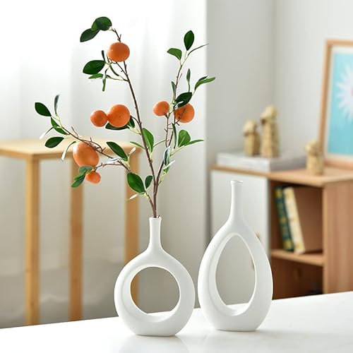Movno White Ceramic Hollow Vases Set Of 2, Geometric Handmade Flower Vase For Decor, Modern Decorative Vase Centerpiece For Wedding Living Room Office Bedroom Dinner Table Party-Housewarming Gift #TOP1