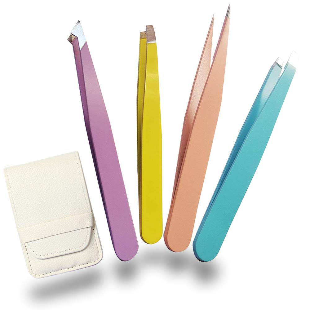 Precision Tweezers for Eyebrows, 4 Pack Tweezer Set for Ingrown Hair Removal, Professional Brow Remover Tools for Women and Girls, Hair Plucking Daily Beauty Tool with Leather Case