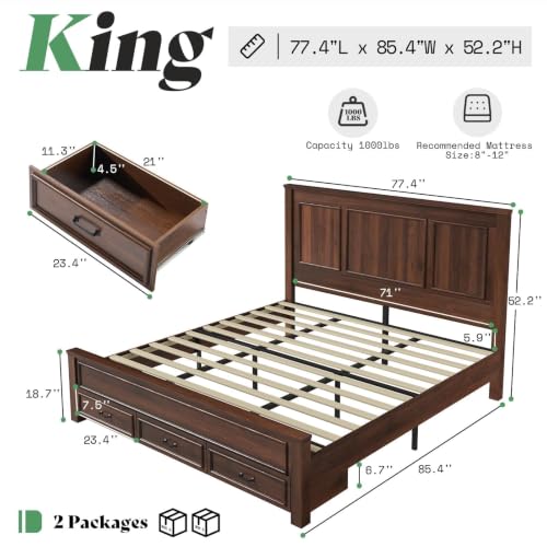 Image of AMERLIFE 52.2 inch King Size Farmhouse Bed Frame with Headboard, Rustic Brown | Tall Panel Headboard & Footboard, Wood Platform Bed with 3 Large Storage Drawers, No Box Spring Required, Noise-Free Design