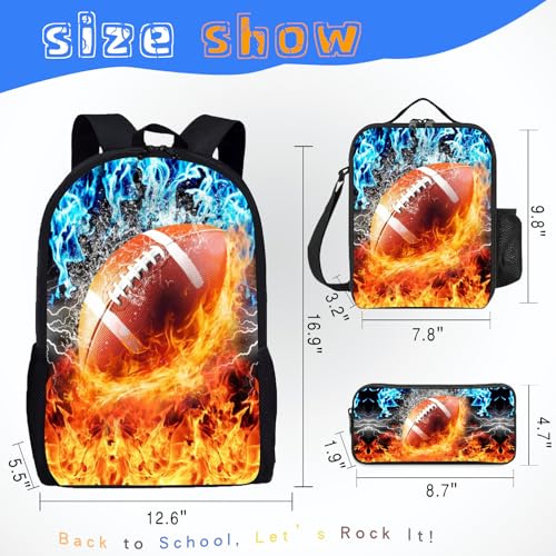 3PCS Football Backpack Set for Boys, Lightweight Large Backpack with Lunch Box & Pencil Case, Cool Sport Bookbag for Kids, Back to School Backpacks for Elementary & Middle School - 014
