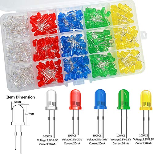 500 Pcs 5mm LED Light Emitting Diode Assortment Kit,Low Voltage Diffused Diode for DIY PCB Circuit,Indicator Lights