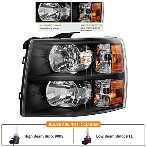 Automotive Headlights Fit for 2007-2013 Chevrolet/Chevy Silverado 1500/2500 HD / 3500 HDLH+RH Headlamp Replacement Chrome Housing with Amber Corners - Image 3
